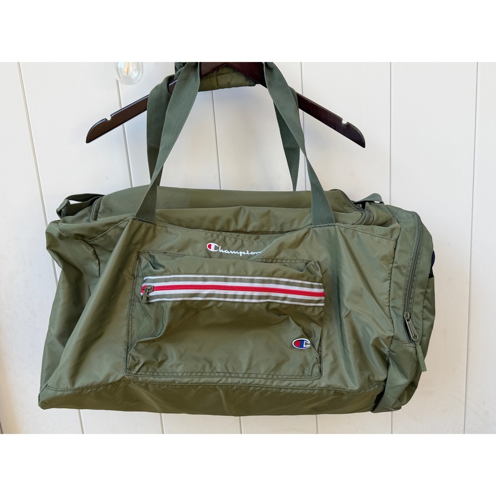 Champion Olive Green Nylon Duffel Bag Gym Travel Weekender Stripe Logo